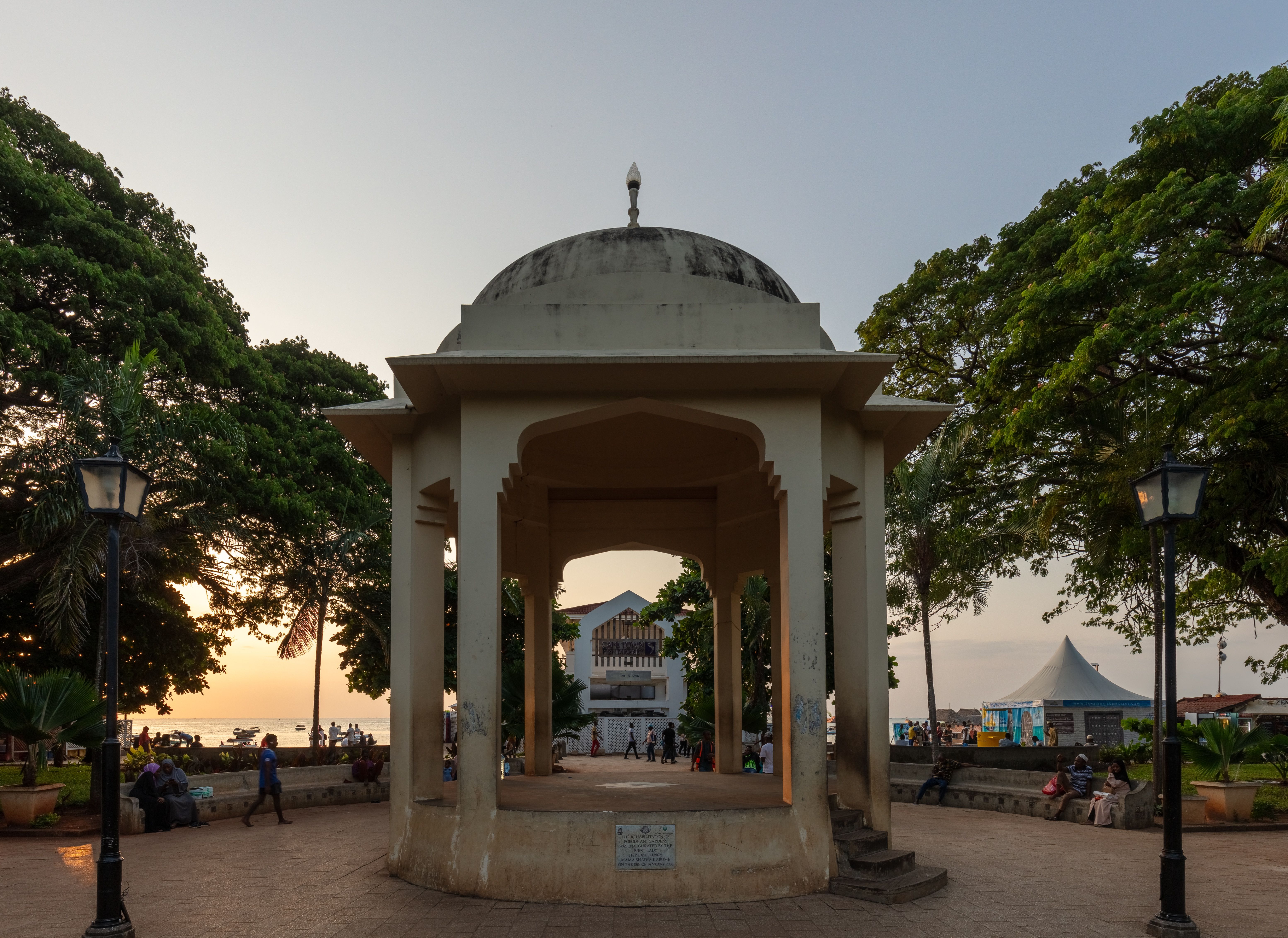 The domed pavilion in Forodhani Gardens on the Stone Town seafront at sunset, Zanzibar.