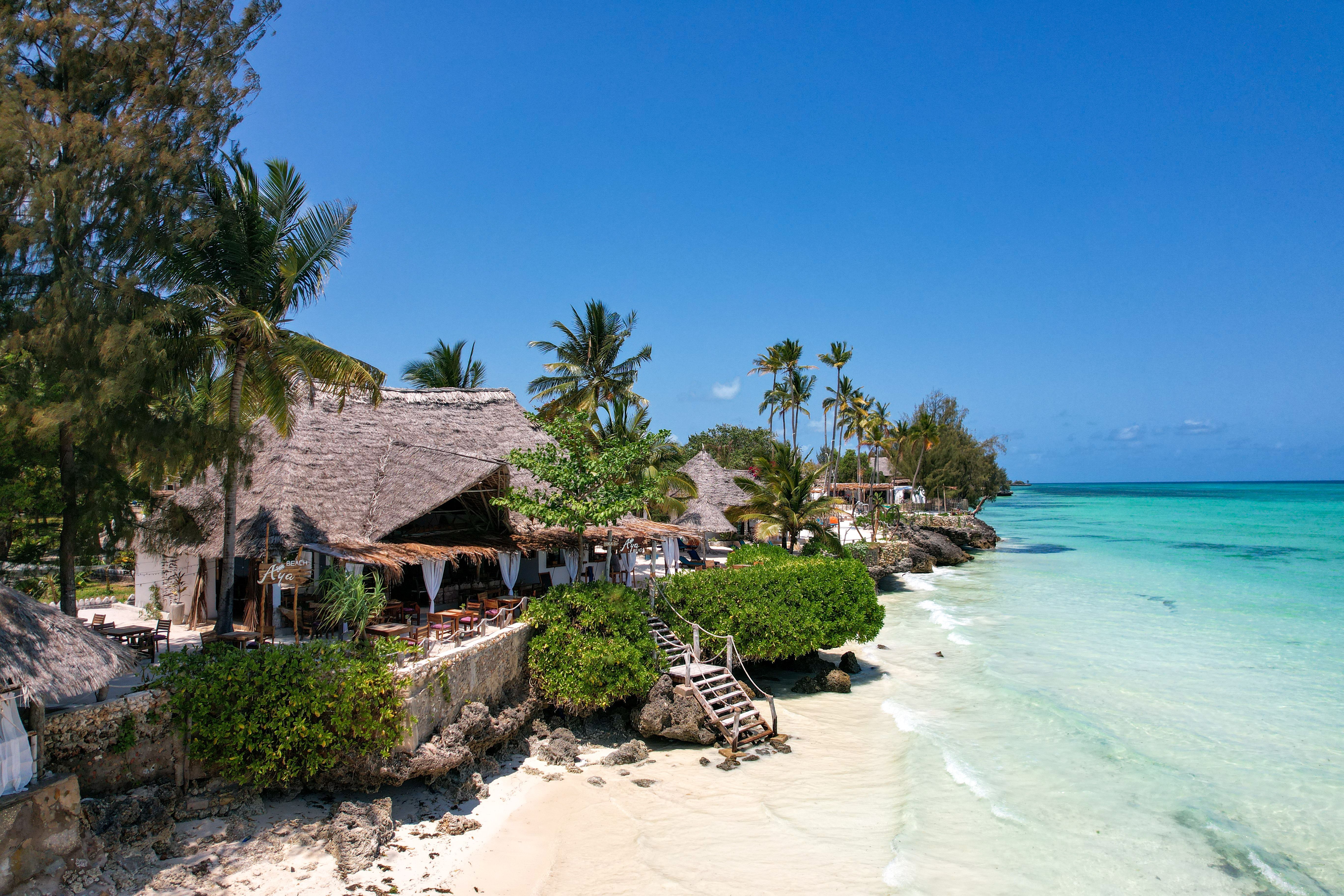 Elevated view of a Zanzibar beach resort with thatched-roof beachfront buildings and palm trees leaning over the shore, a rustic wooden staircase leading down to bright white sand, and calm turquoise water under a clear blue sky.