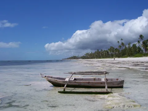 A traditional wooden outrigger canoe resting in clear, shallow low-tide water off Bwejuu on Zanzibar's southeast coast, with a long white-sand beach and coconut palms curving into the distance.
