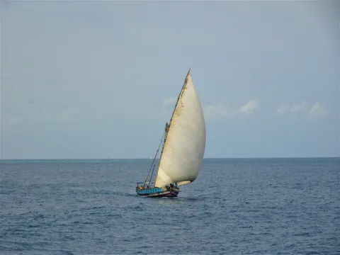 A traditional wooden dhow under full sail on the deep-blue Indian Ocean off Zanzibar, its white lateen sail full of wind and crew aboard the blue-painted hull