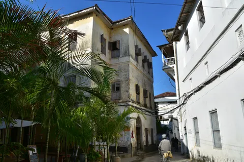 A narrow lane in Stone Town, Zanzibar, running between old whitewashed and weathered coral-stone houses, a man in a white kanzu cycling down the shaded street toward the sunlit far end, palm fronds leaning in from the left.