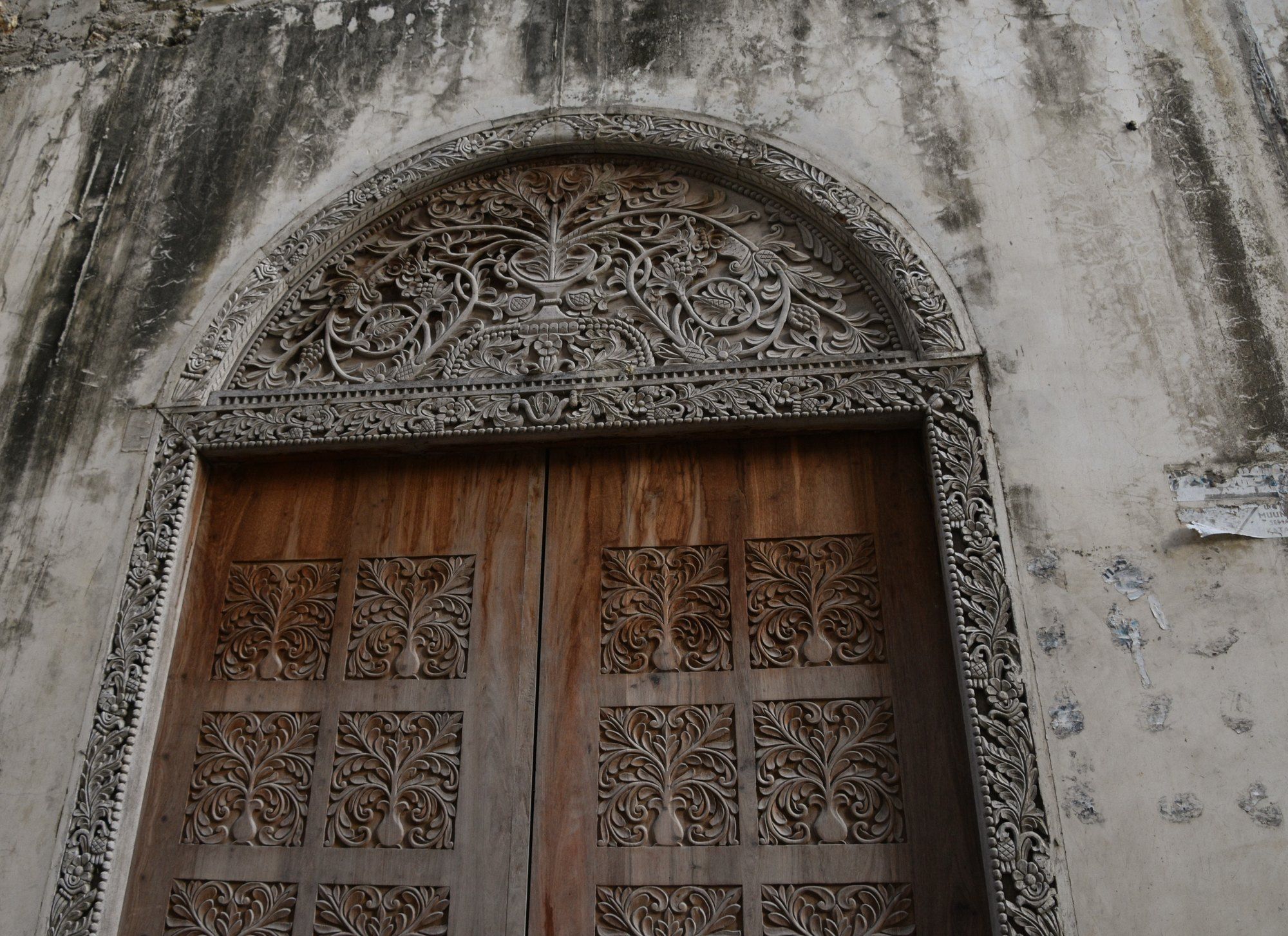 A carved wooden Swahili door in Stone Town, Zanzibar, its arch and panels worked with the foliate tree-of-life motif the old city's doorways are known for.