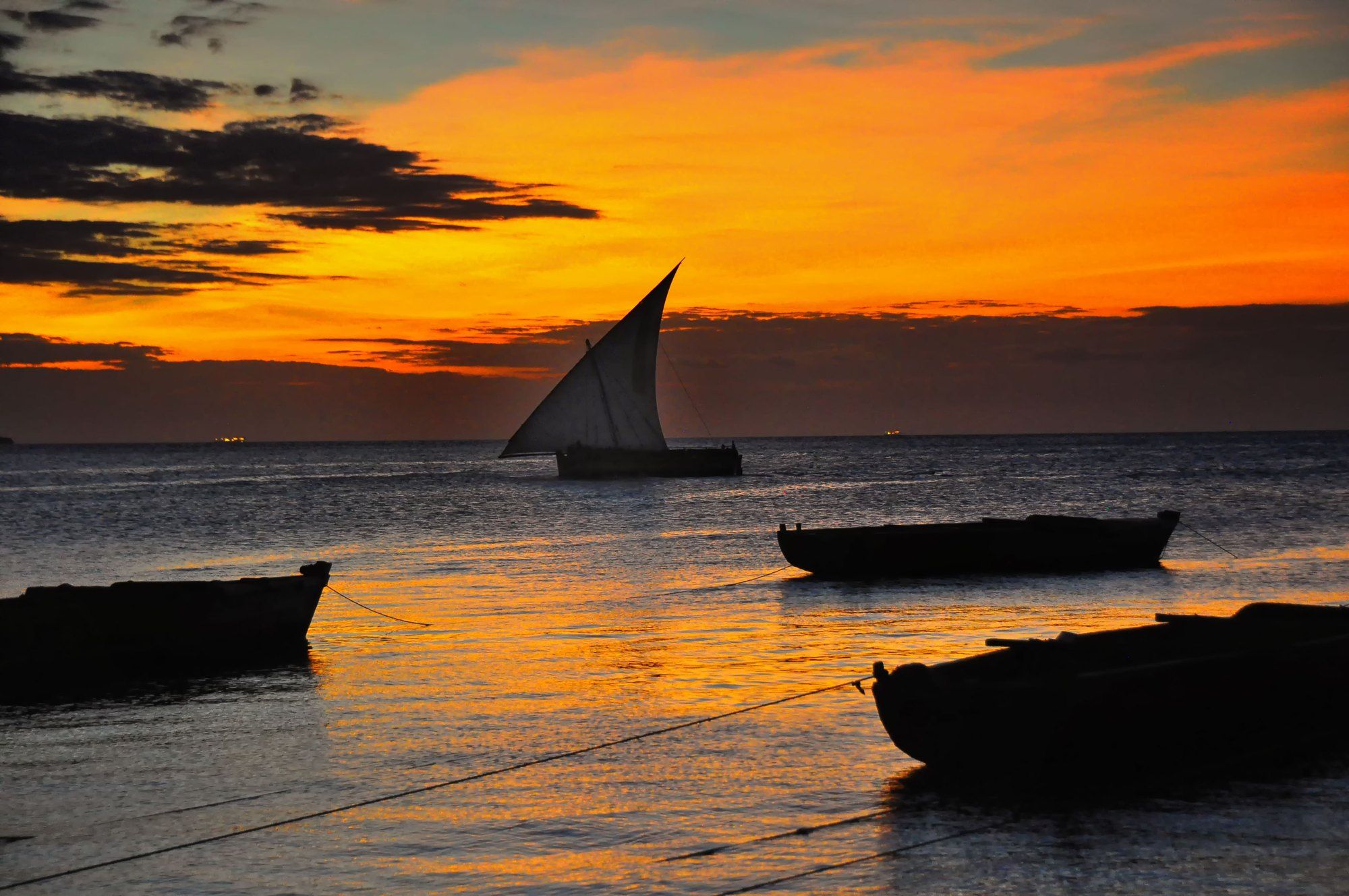 A traditional wooden dhow under full sail at sunset off Zanzibar, a classic scene on the island's dhow day-trips.